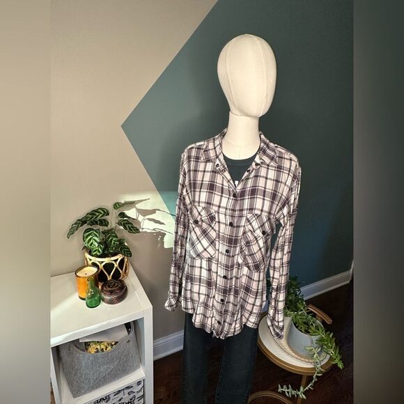 Sanctuary Tops - Sanctuary Plaid Boyfriend Shirt Button-Up Black/White Checkered Flannel Size S